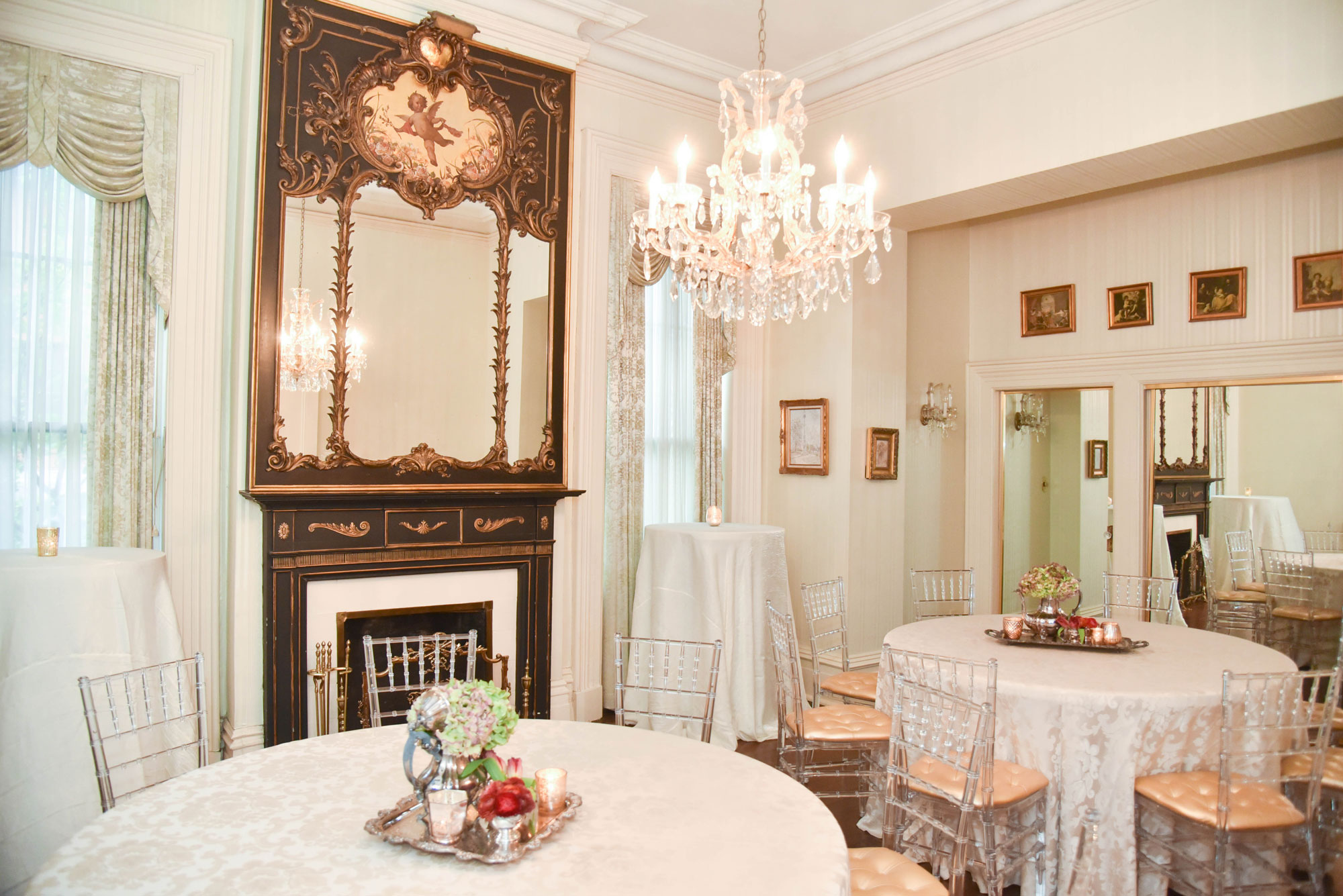 Grand mirror and historic details inside Brockington Hall