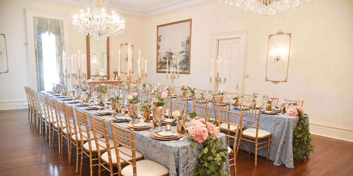 Dining table arranged for an event at Brockington Hall
